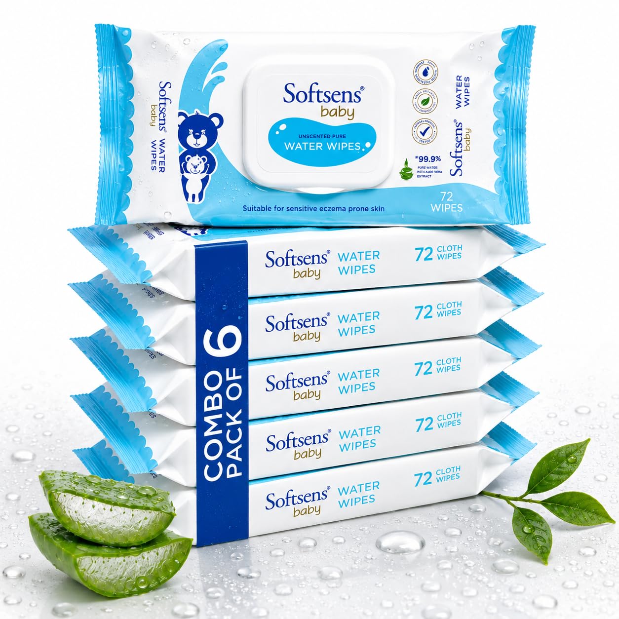 Softsens Baby 99.9% Pure Water Wipes | Pure Aloe Vera Extract with Lid Wipes for Babies (Pack of 6)