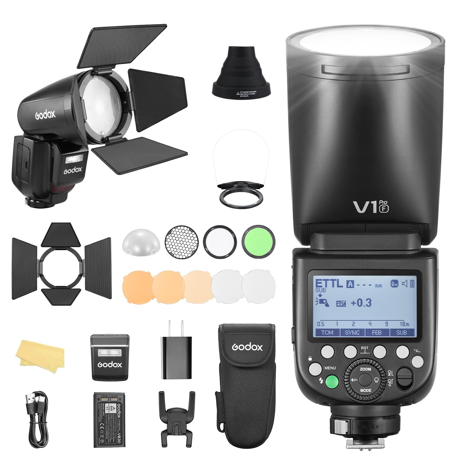 Godox V1PRO-F V1Pro F Runder Kopf Kamera Blitz Flash Kamerablitz mit AK-R1 TTL Speedlite 2.4G Wireless TTL Speedlight Strobe,76Ws HSS 1/8000s mit Li-ion Batterie für Fuji-Kameras