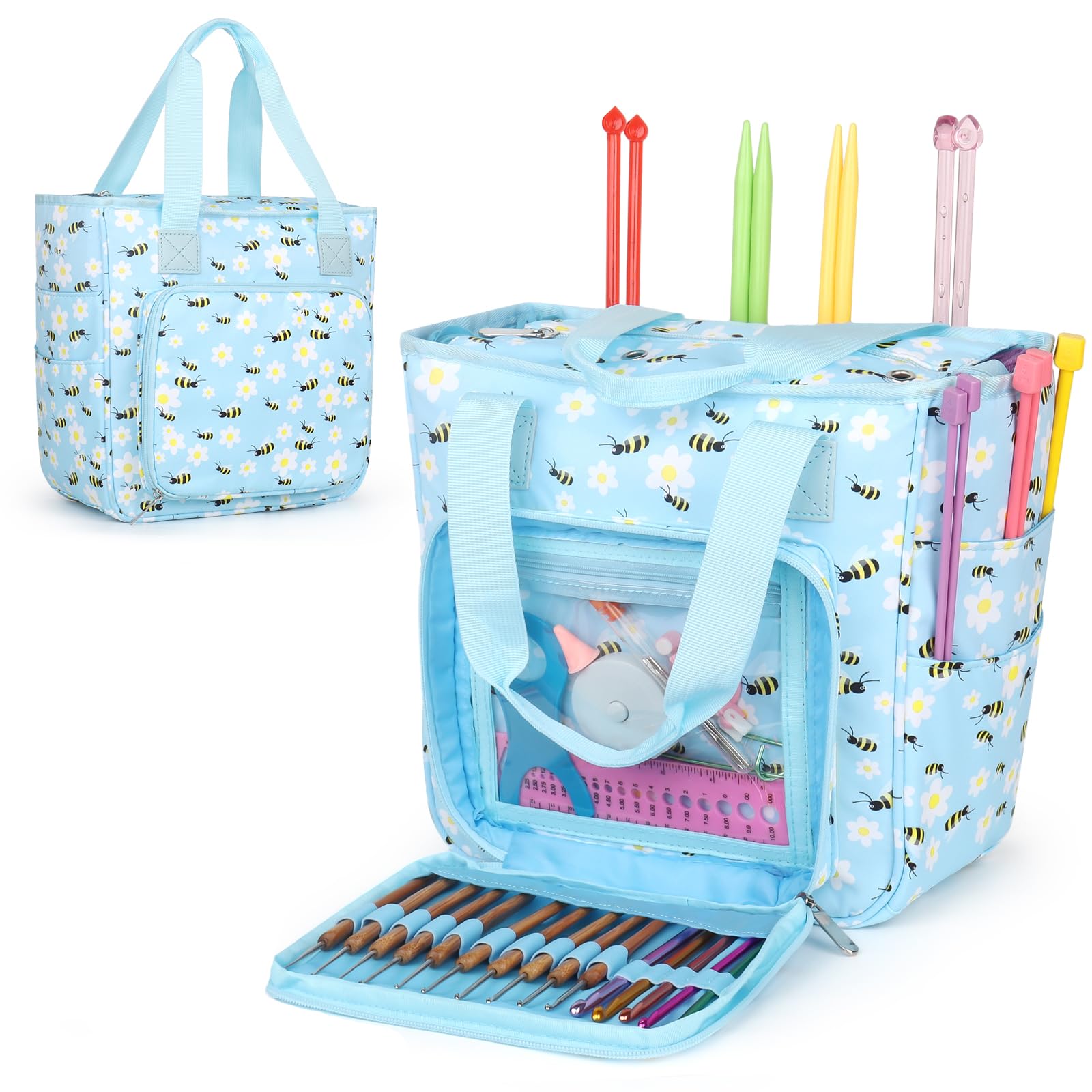 Reessy Knitting Bag, Lightweight Crochet Bag Empty, Portable Crochet Tote  Bag with Pockets and Compartments for Yarn Storage and Crochet Storage, Blue