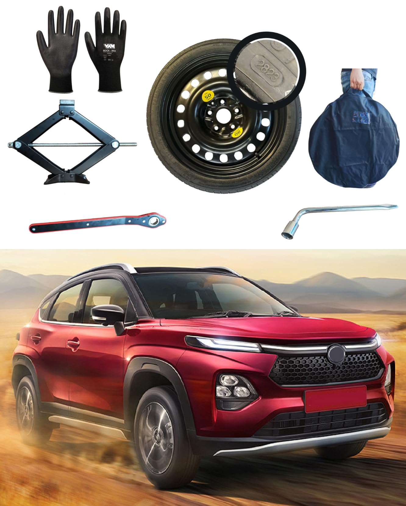 Kit de Rueda de Repuesto 16" compatible con Toyota Urban Cruiser con Gata, Llave, Guantes y Funda 125/80R16