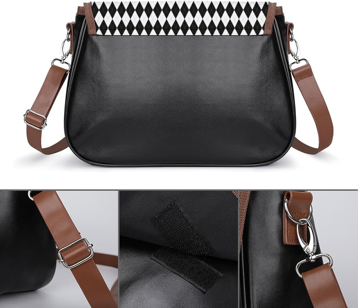 Black White Gold Argyle PatternWomen's Faux Leather Crossbody Bag, Waterproof Wrinkle-Resistant Shoulder Bag with Detachable Strap, Large Capacity Casual Handbag, Fashion Daily Purse for Shopping W