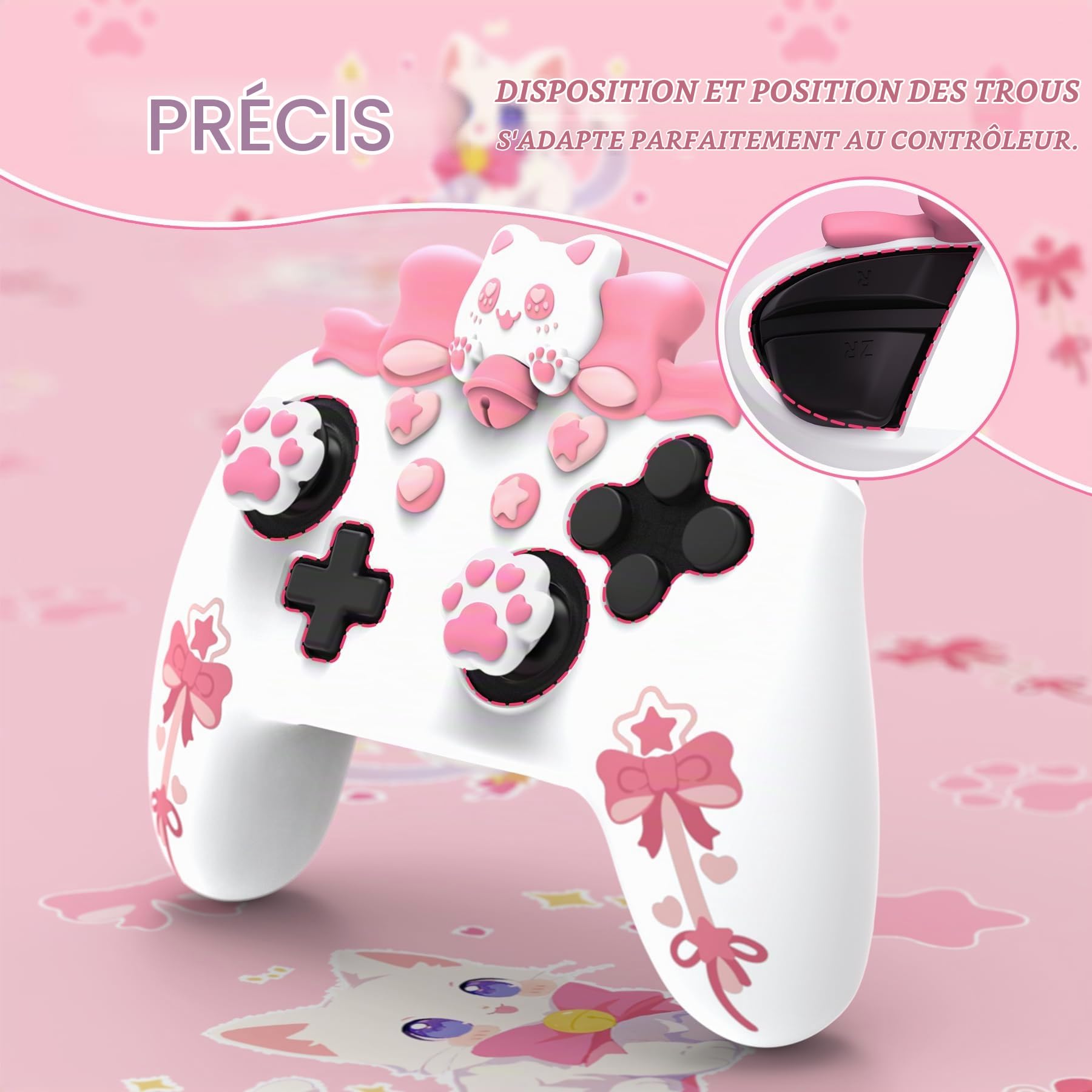 playvital Coque pour Switch Pro Protection Manette,Housse pour Switch Pro Case avec Capuchon Joystick-Blanc,Chérie Kitty