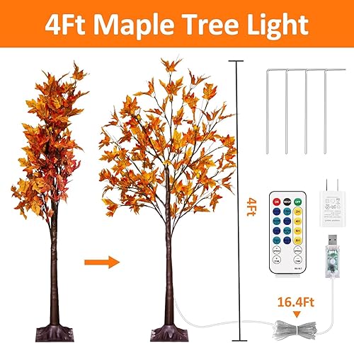 Miniatura 5 de Paquete de 2 árboles de arce iluminados de 4 pies, decoración de otoño de Acción de Gracias, 60 LED blanco cálido regulable con temporizador