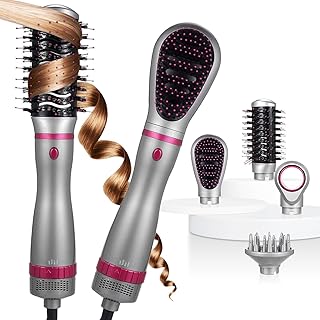 Professional 4 in 1 Blow Dry Brush with Multiple Attachments, Hot Air Hair Styling Brush with Ceramic Coating and Nylon Bristles, 3 Heat Levels, Grey and Pink