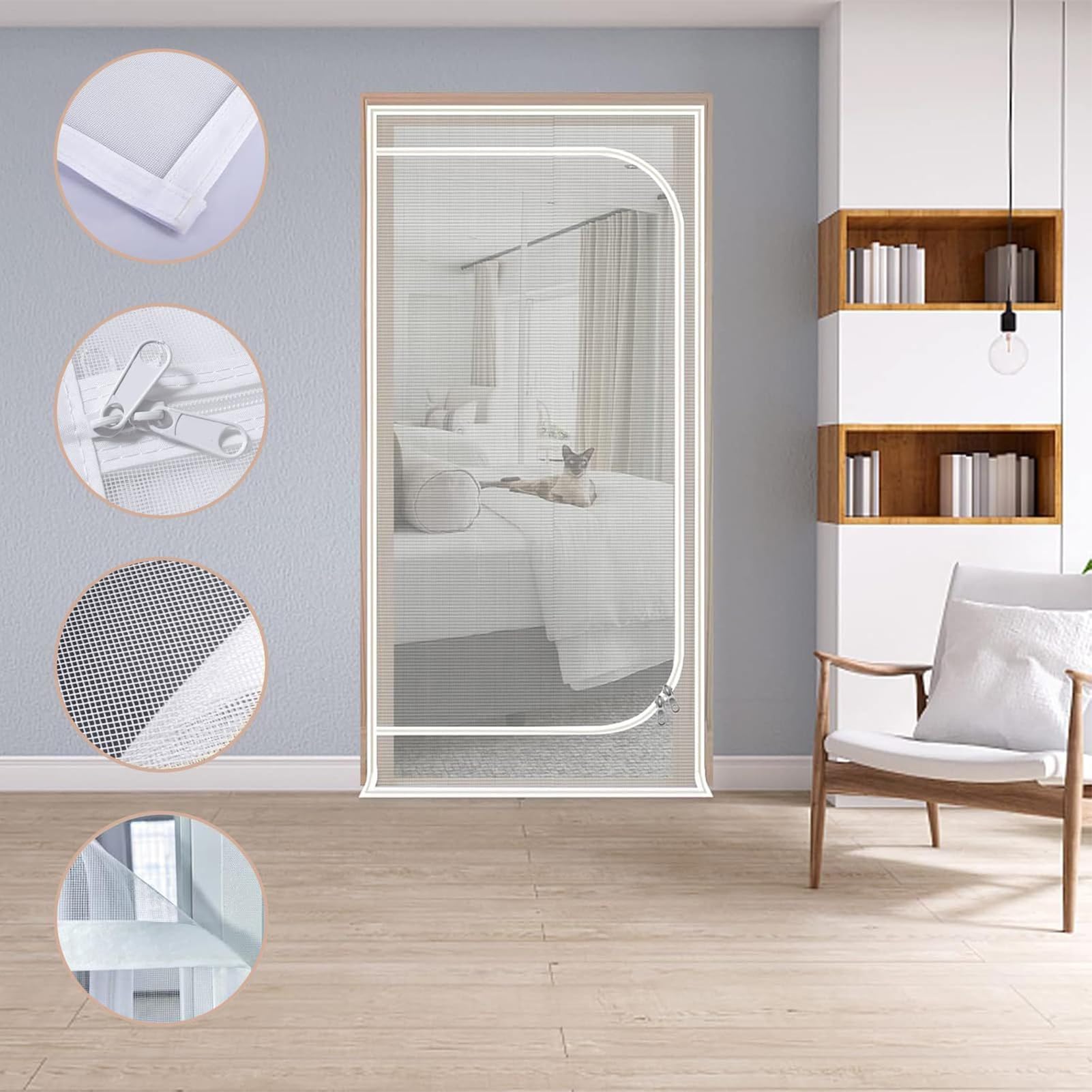 70 x 200 cm PC-Katzenschutz-Türbarriere für den Innenbereich, Anti-Kratz-Mesh-Türen, verdicktes Innennetz mit Reißverschluss, mit Zubehör-Set, Haustierzubehör für Wohnzimmer, Küche, Schlafzimmer