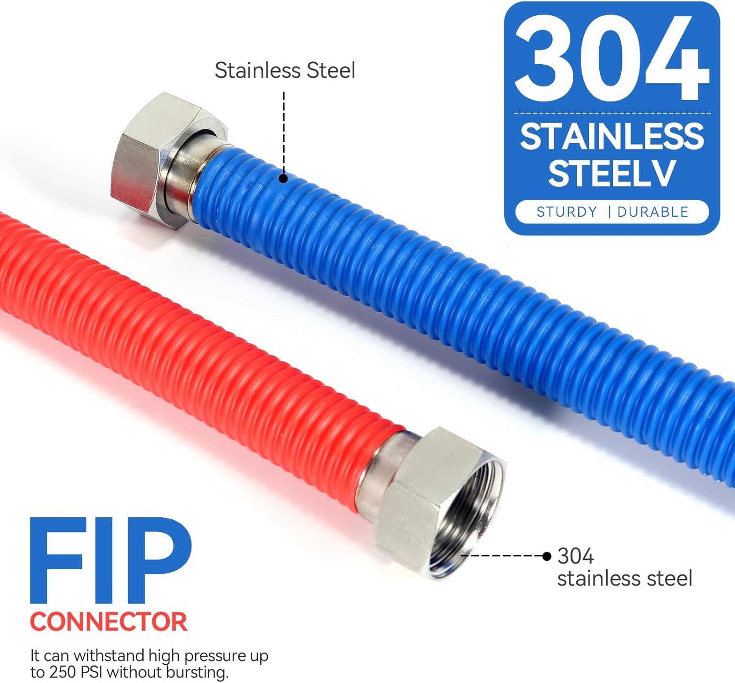 36Inch Flexible Stainless Steel Corrugated Water Heater Connector,1"FIP x 1"FIP,Hot and Cold Color Code,304 Stainless Steel Pipe and Nuts,PE Protective Layer 2Pack