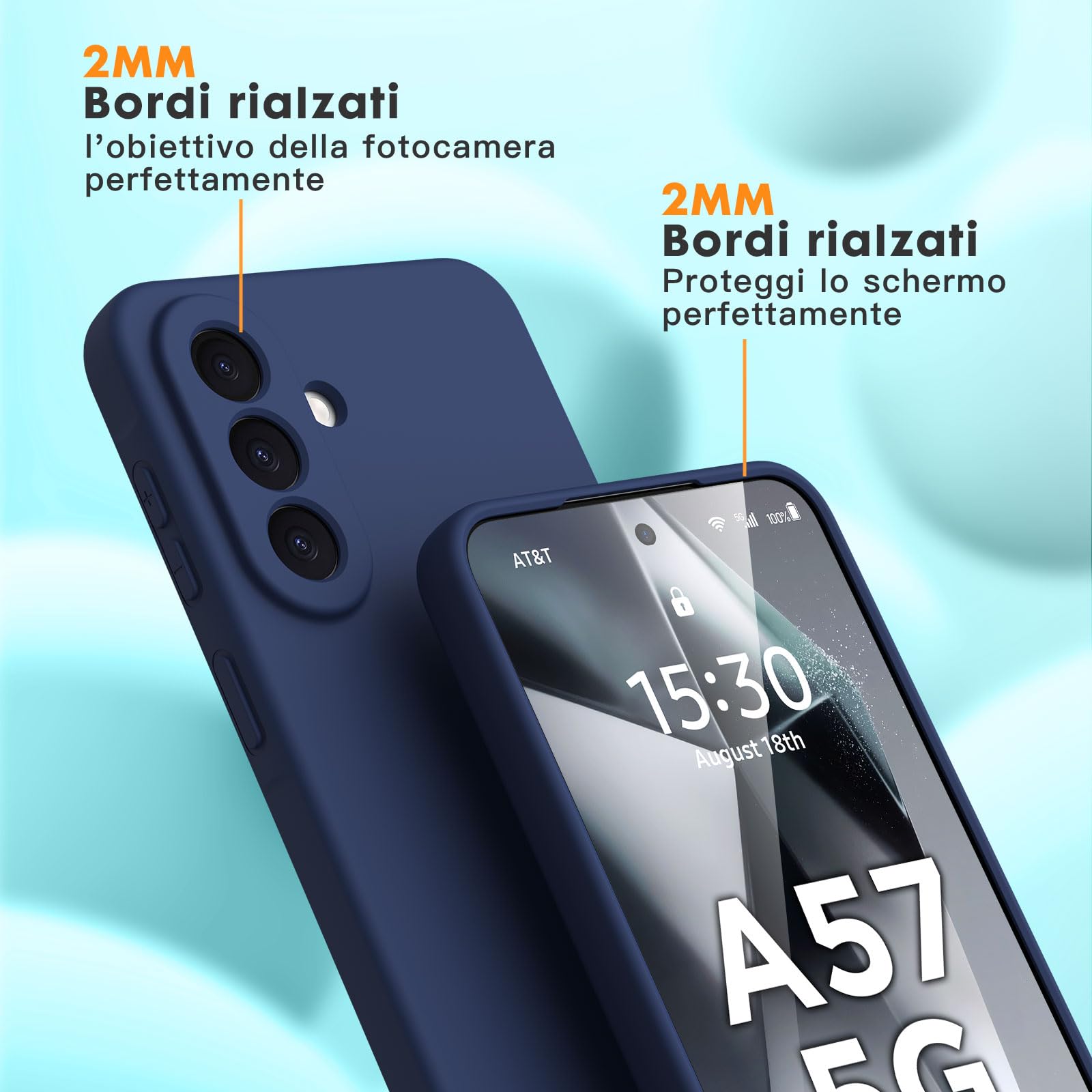 Vansdon Cover Compatibile con Samsung Galaxy A57 5G, 2 Pellicola Protettiva in Vetro Temperato, Gomma Gel di Silicone Liquida Antiurto Custodia - Blu notte