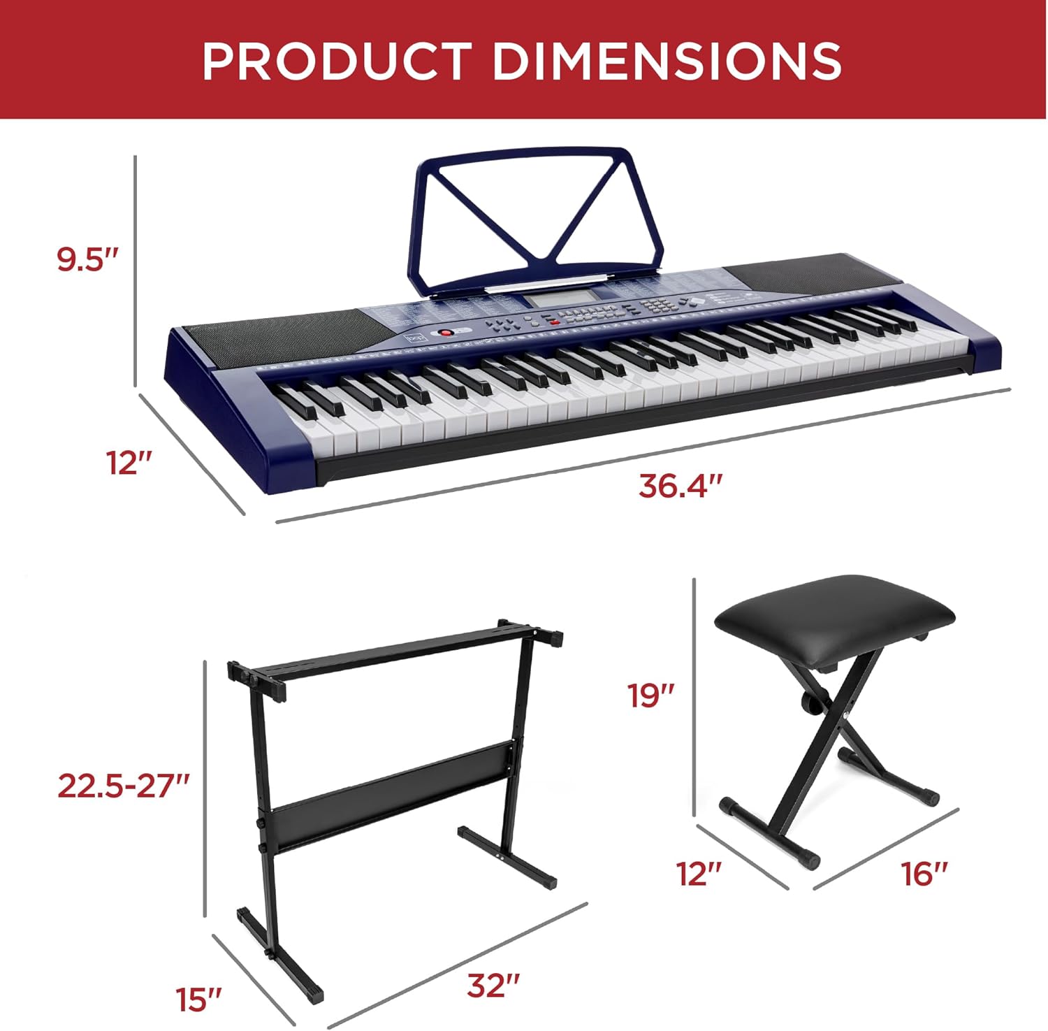 Diagram showing the dimensions of the keyboard, stand, and bench.