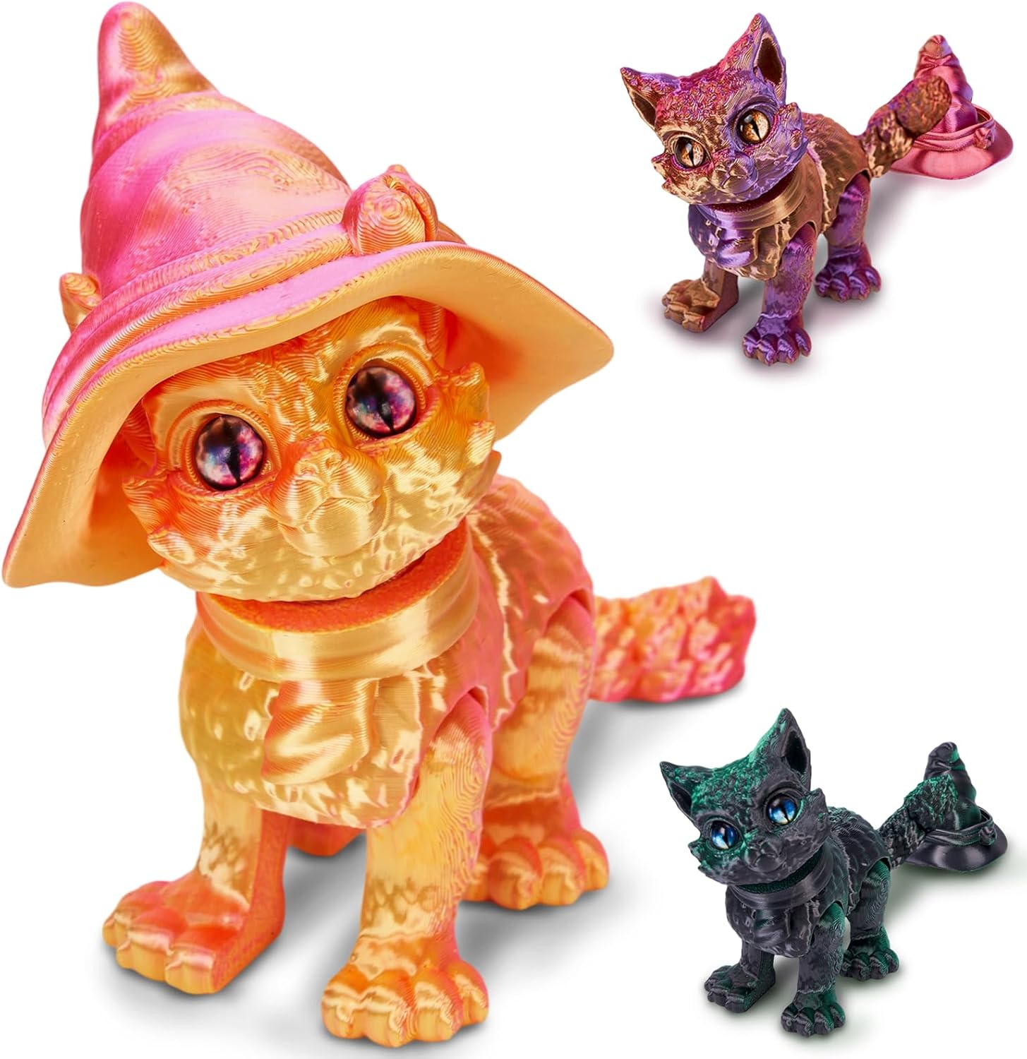 3D Printed Cat with Witch Hat – Flexible Articulated 3D Printed Animals, Removable Hat, Perfect for Halloween Desk Decor or Gifts (Pink)