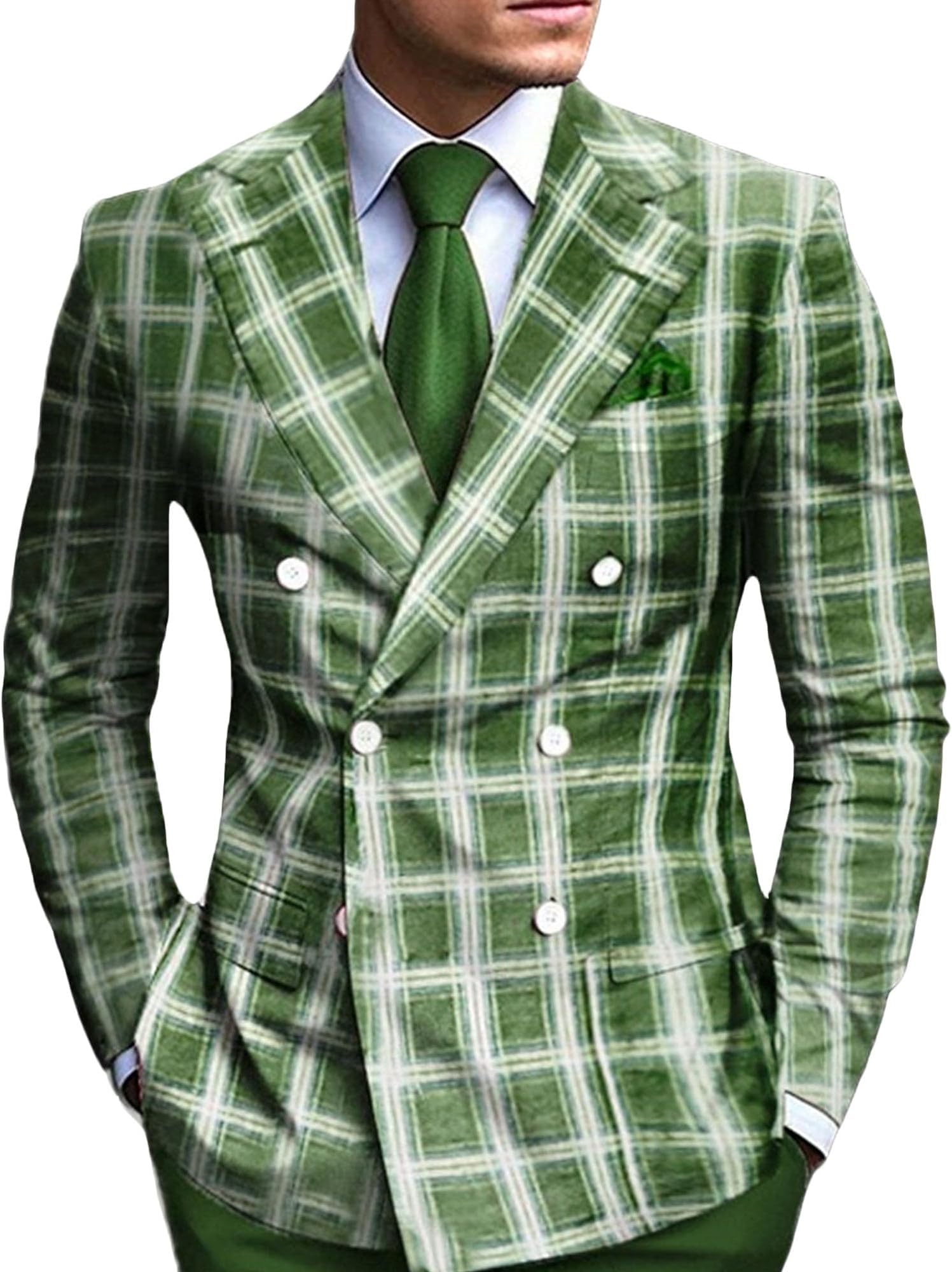 Plaid Button Double Breasted Blazer Jacket for Men Casual Slim Fit Notch Lapel Sport Coat Dinner Prom Party Wedding Suit