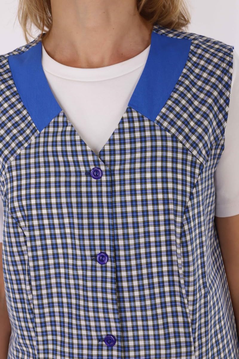 Schuerzenfabrik Delantal con botones para mujer, tejido mixto, a cuadros, sin brazo, delantal de cocina