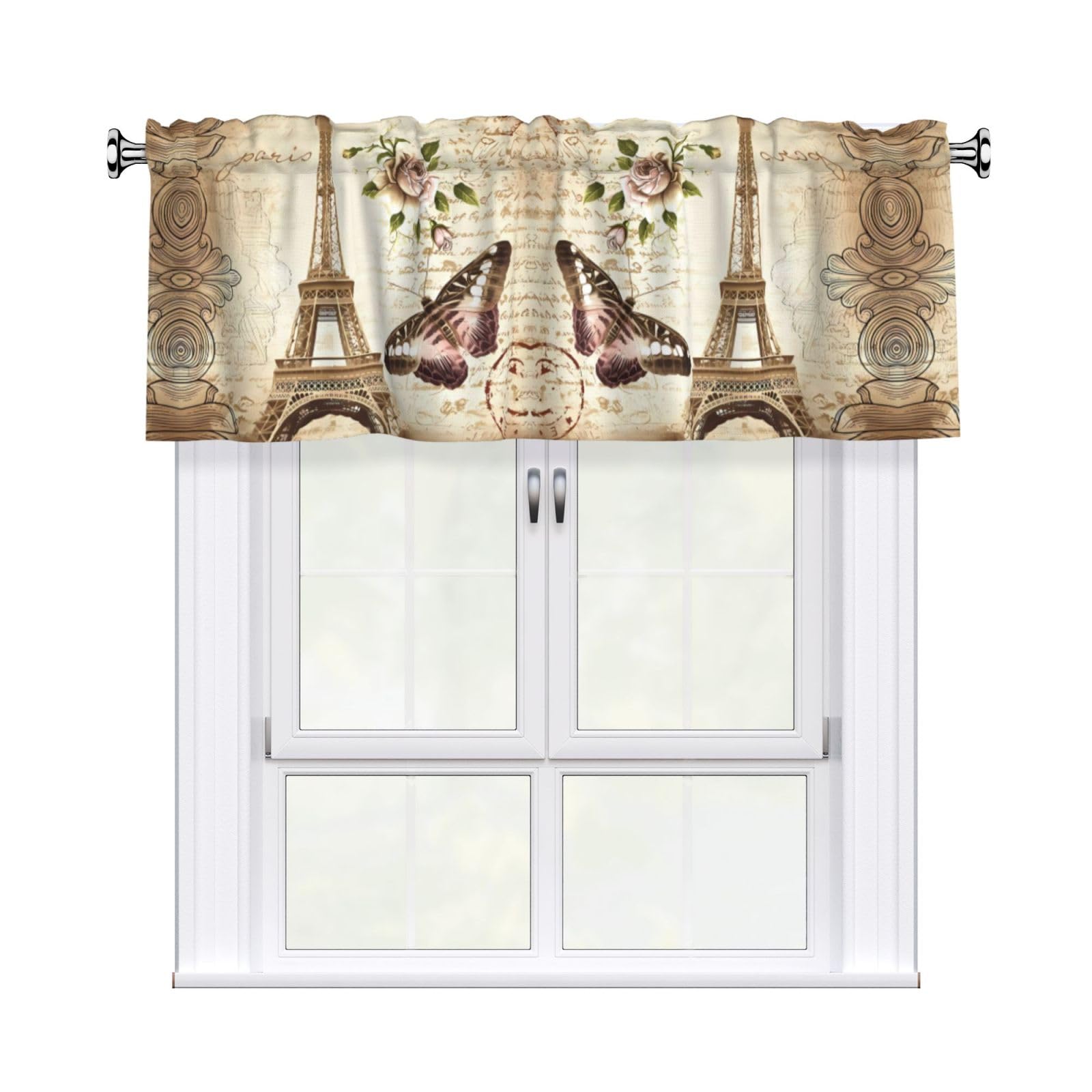 YYHHAOFA Vintage Paris Eiffel Tower Butterfly Prints Durable Kitchen Window Layer – 54x18 Inch 100% Polyester Valance with Precision Construction