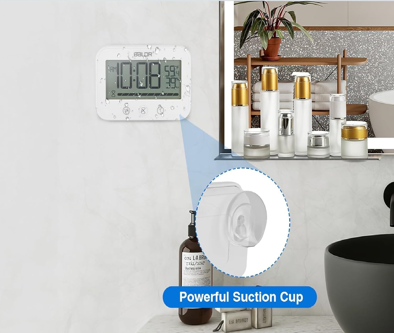 Orologio da Bagno Impermeabile con Timer per Doccia - Display Digitale di Temperatura e Umidità, Timer da Cucina a Batteria