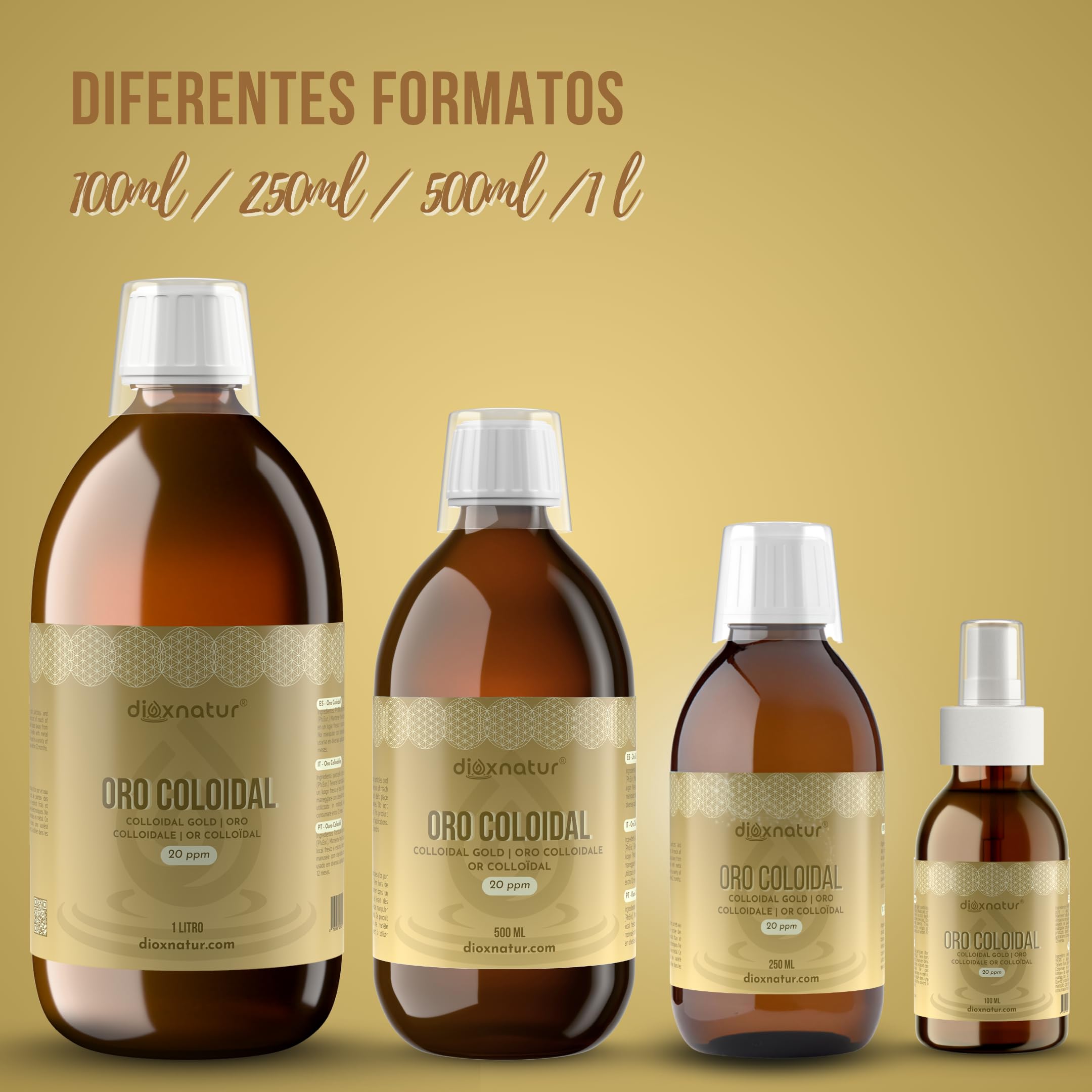 Oro Coloidal 500 ml - 20 ppm - 24K Puro 99,99% - Solución Líquida con Agua Bidestilada - Botella Vidrio Ámbar