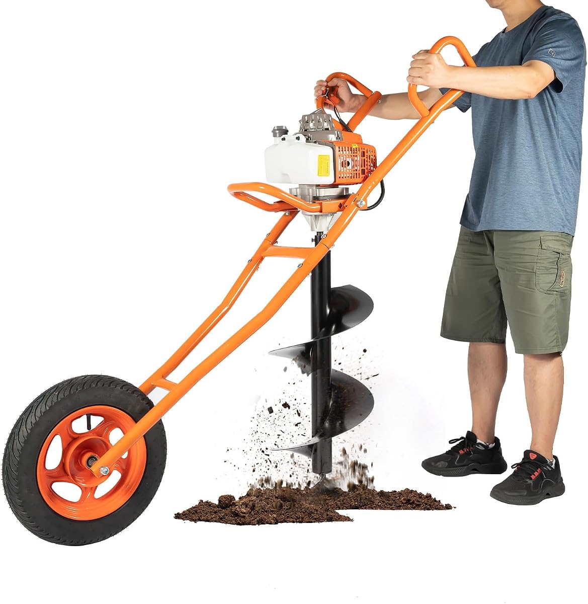 Excavadora de orificios para postes de 63 cc, 2 tiempos, 3 HP, a gas, perforadora para postes, barrena de tierra con diseño de carretilla, tanque de combustible extra grande y compatibilidad con brocas de 60-300 mm para perforación de postes de cerca (2 tiempos)
