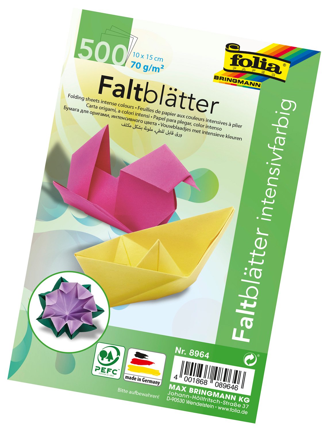 FoliaBringmann Folding Sheets 70 g/m² – 500 Sheets in 10 Assorted Colours, 10 x 15 cm