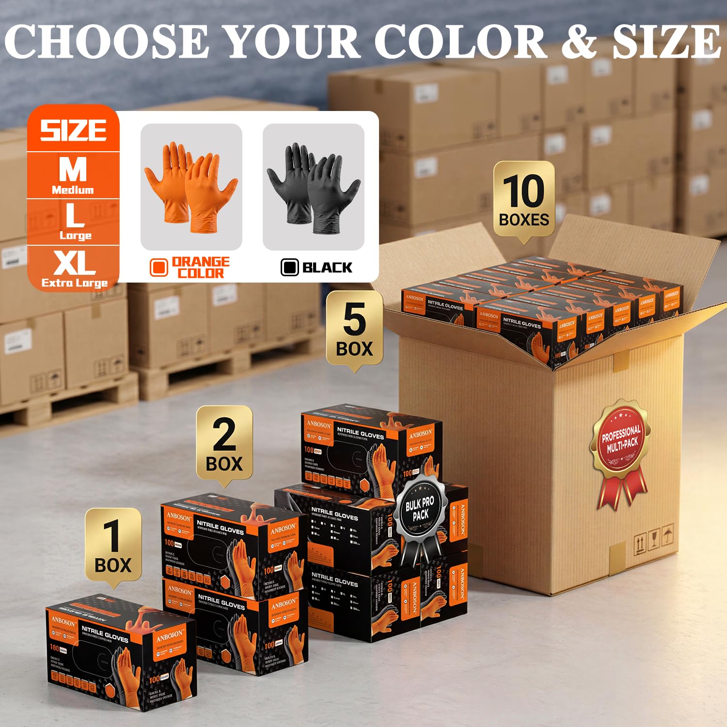 ANBOSON Guantes desechables de nitrilo negro de 10 mil, mecánicos, guantes de trabajo de seguridad, sin látex ni polvo, totalmente texturizados de diamante (negro, 100, XL)