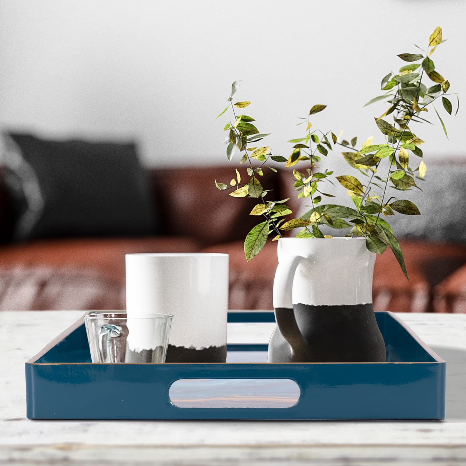 MAONAME Blue Decorative Tray, Plastic Serving Tray with Handles, Coffee Table Tray with Tempered Glass Film, Rectangle Ottoman Tray for Living Room, Bathroom, 15.7â€? x 10.2â€?
