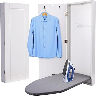 Ivation Wall-Mounted Ironing Board Cabinet, Foldable Ironing Storage Station for Home, Apartment, Easy-Release Lever, Garment Hooks, White