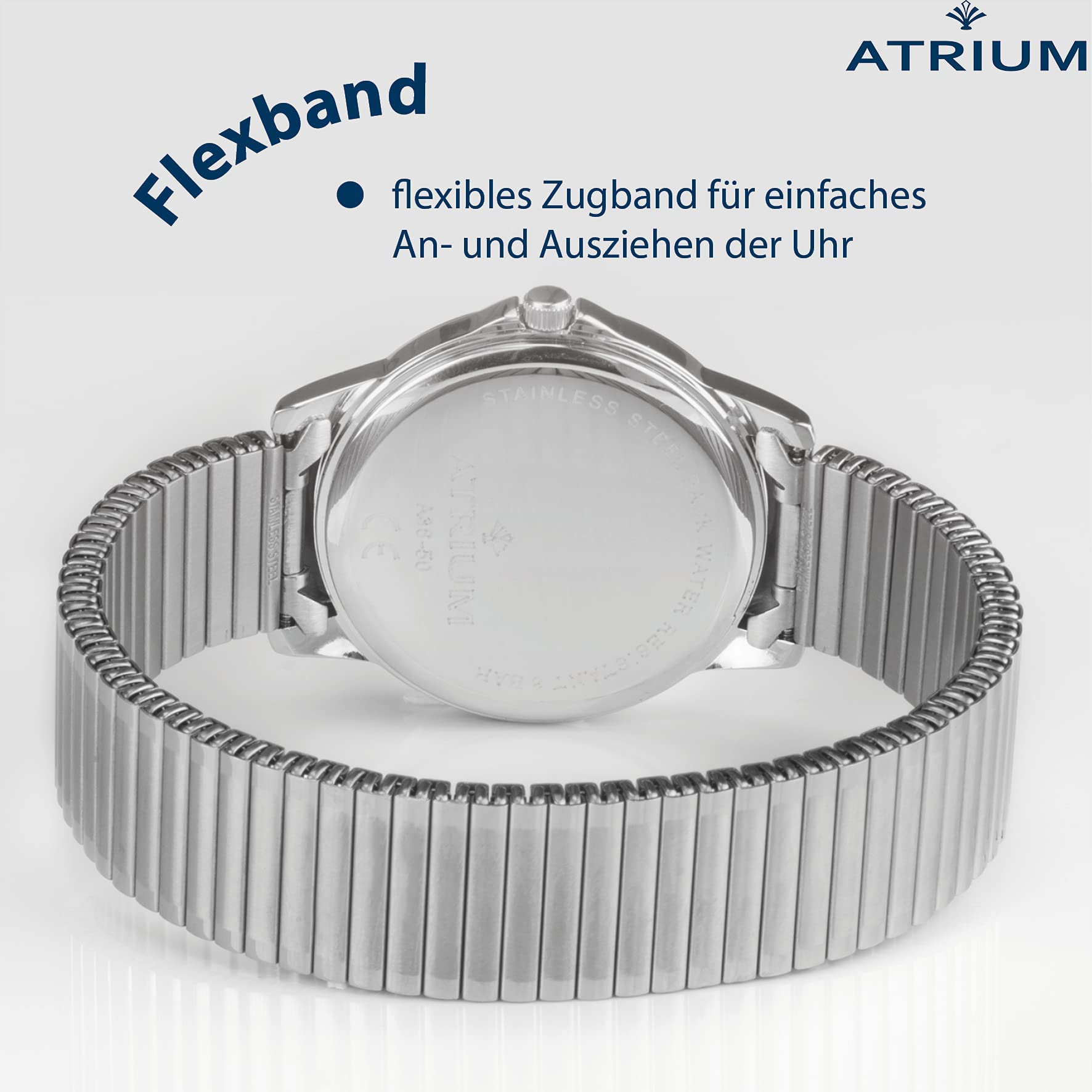 Atrium Damen Herren Armbanduhr sehr deutlich silberfarben Quarz 3 Bar Stahlband Zugband Flexband A36-50