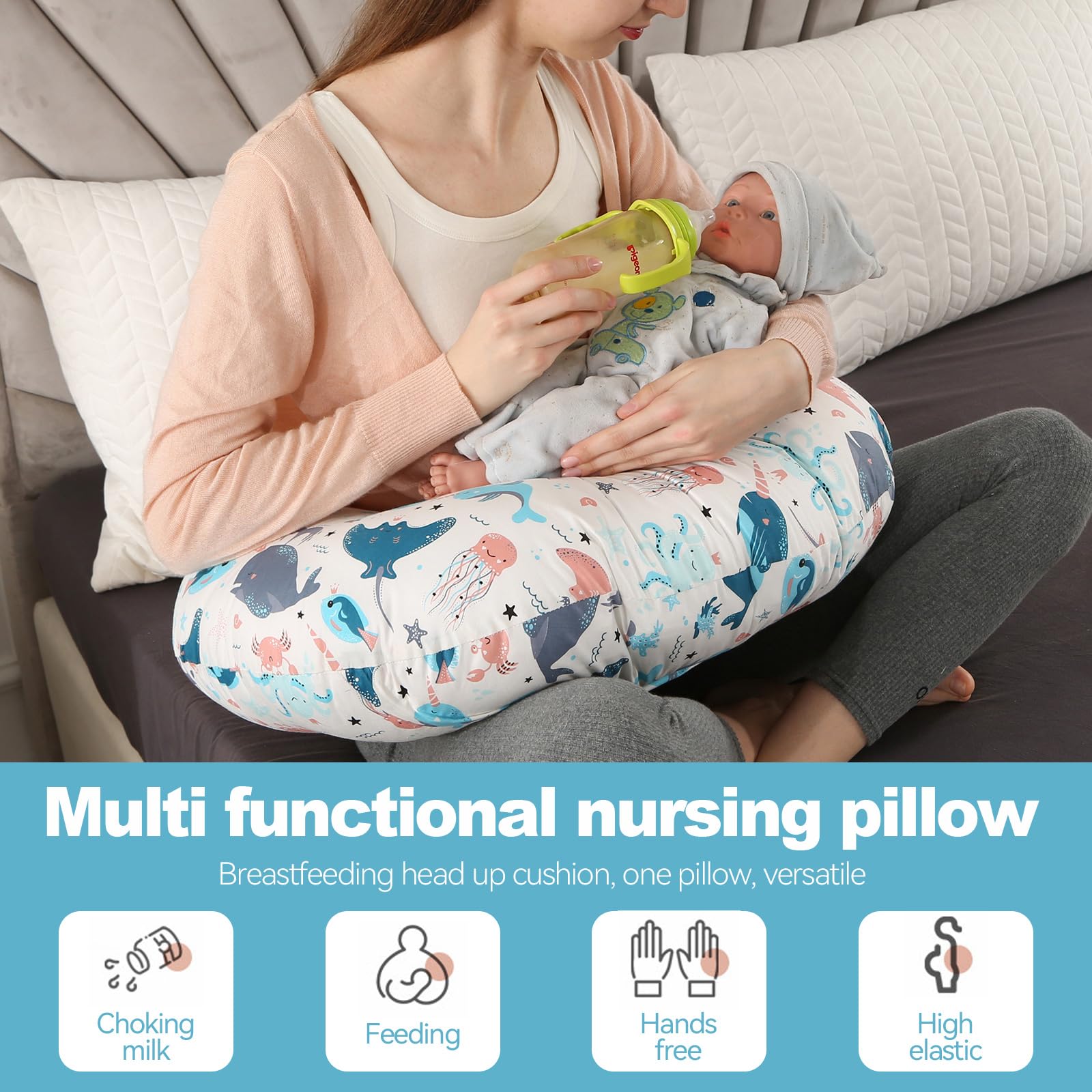 PASUKTER Nursing Pillow, Support Pillow Breastfeeding Pillow for Baby with 100% Cotton Cover, Underwater World - Image 2