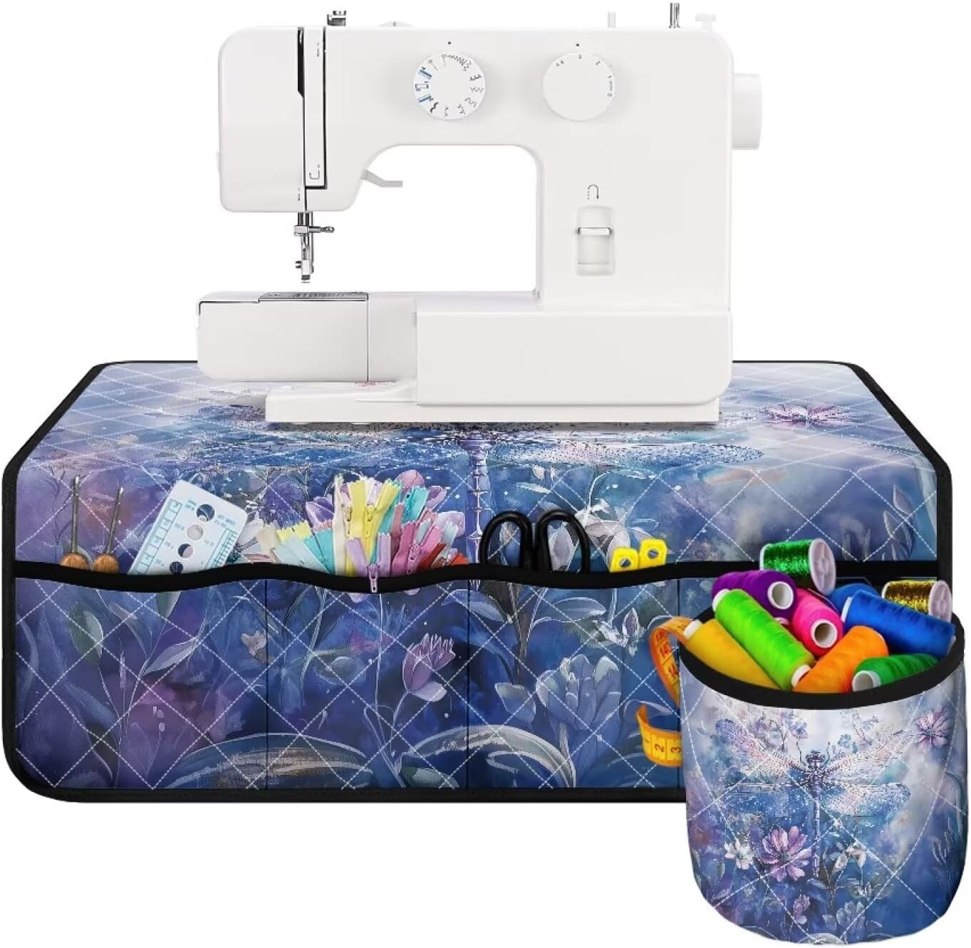 Dragonfly Pattern Sewing Machine Mat For Table Non Slip With Pockets To Reduce Vibration For Most Sewing Machines Home Decor (Blue)
