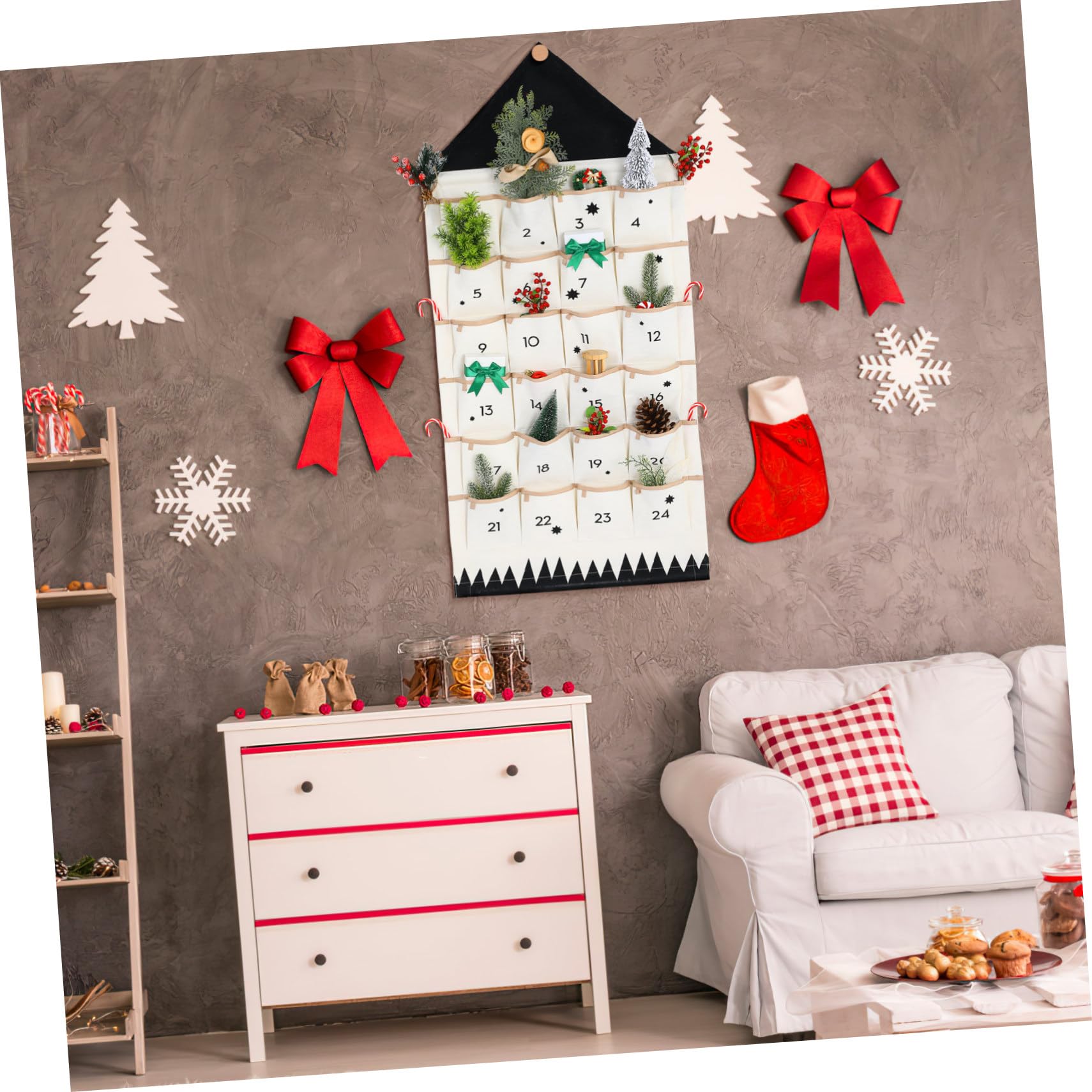 HOMSFOU Weihnachtskalender Wandbehangtasche aus Baumwollstoff Hausform Multifunktional zum Aufhängen an Wand oder Tür als Adventskalender