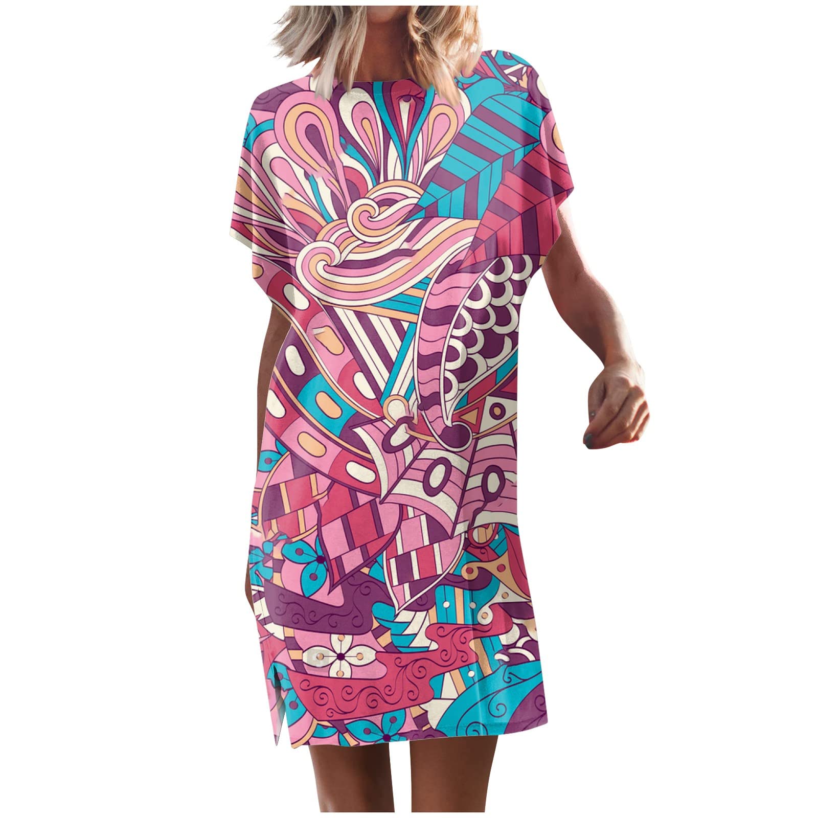 GIANTHONG Dresses for Women 2023,Floral Print Short Sleeve Wedding Guest Dresses for Women Loose Fit Boho Dress Midi Dress