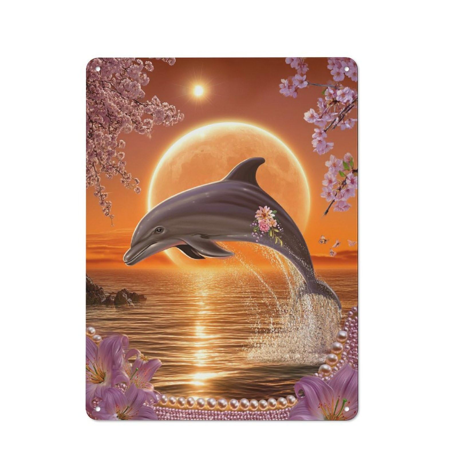Junmoney Dolphin Moonlight Dance Rustic Metal Wall Sign 40X30cm For Home Office Or Studio, For Garage, Workshop And Man Cave Decoration