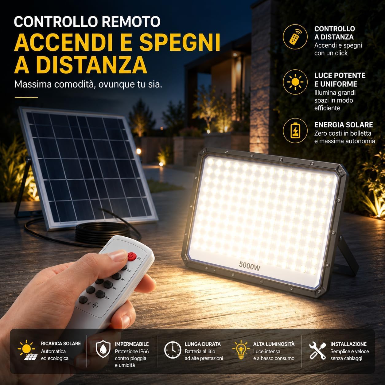 Faretto LED da Esterno Solare 2000W con Pannello Solare e Telecomando, Faro LED Esterno con Pannello Solare IP66, Luce Solare da Esterno per Giardino Cortile Sicurezza [Classe di efficienza energetica