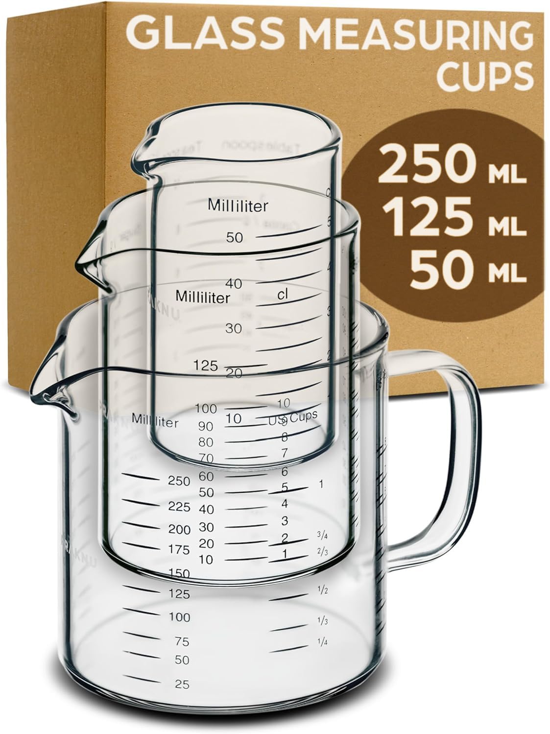 Praknu Glass Measuring Cup - Set with Spout - Measuring Jug 50ml, 125ml, 250ml - Precise Scale - Stackable - Heat Resistant & Microwave Resistant - Borosilicate Glass