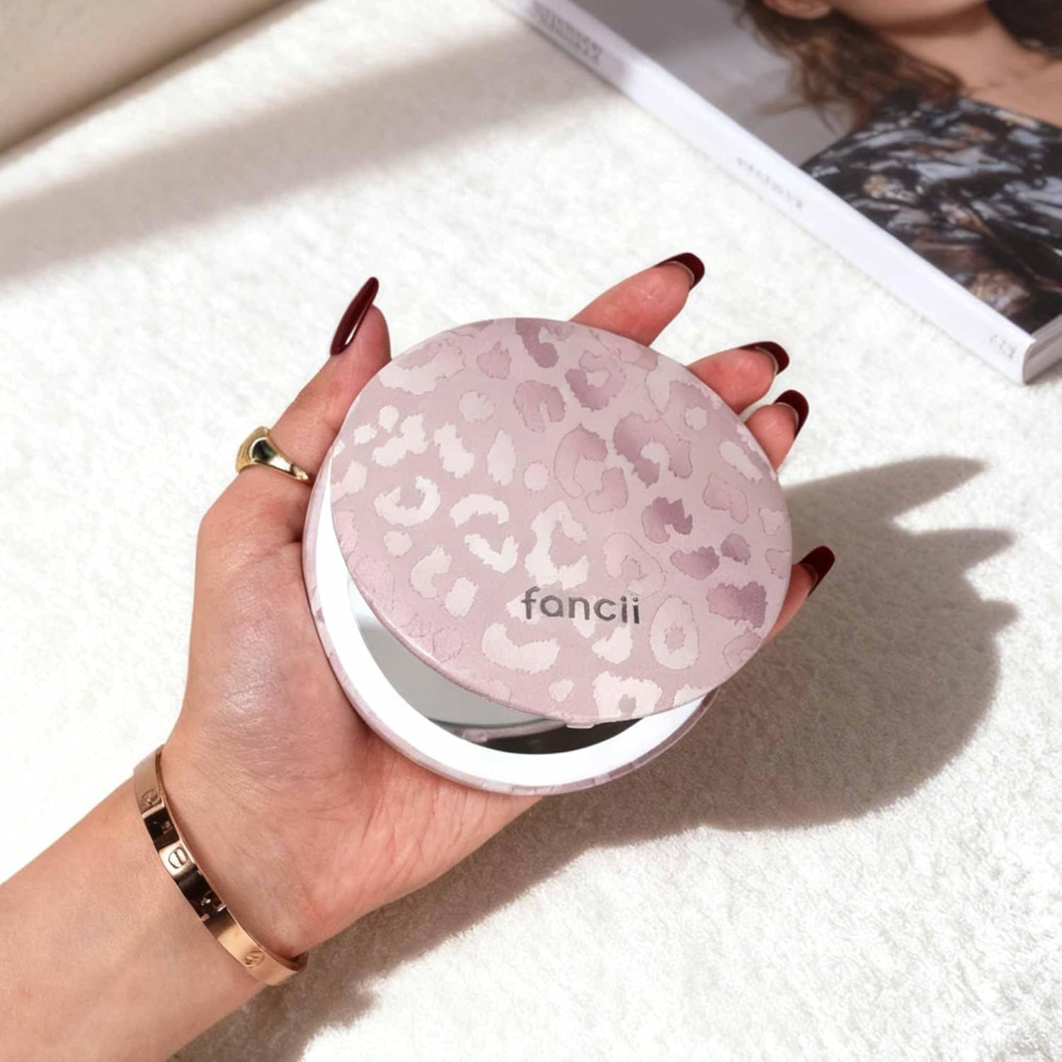 Fancii Mini Taylor Compact Magnifying Mirror with LED Light, 10x/1x, Rechargeable, 3 Light Settings, Dimmable - Small Lighted Travel Handheld Mirror for Pocket, Handbag, Purse (Cosmic Leopard)