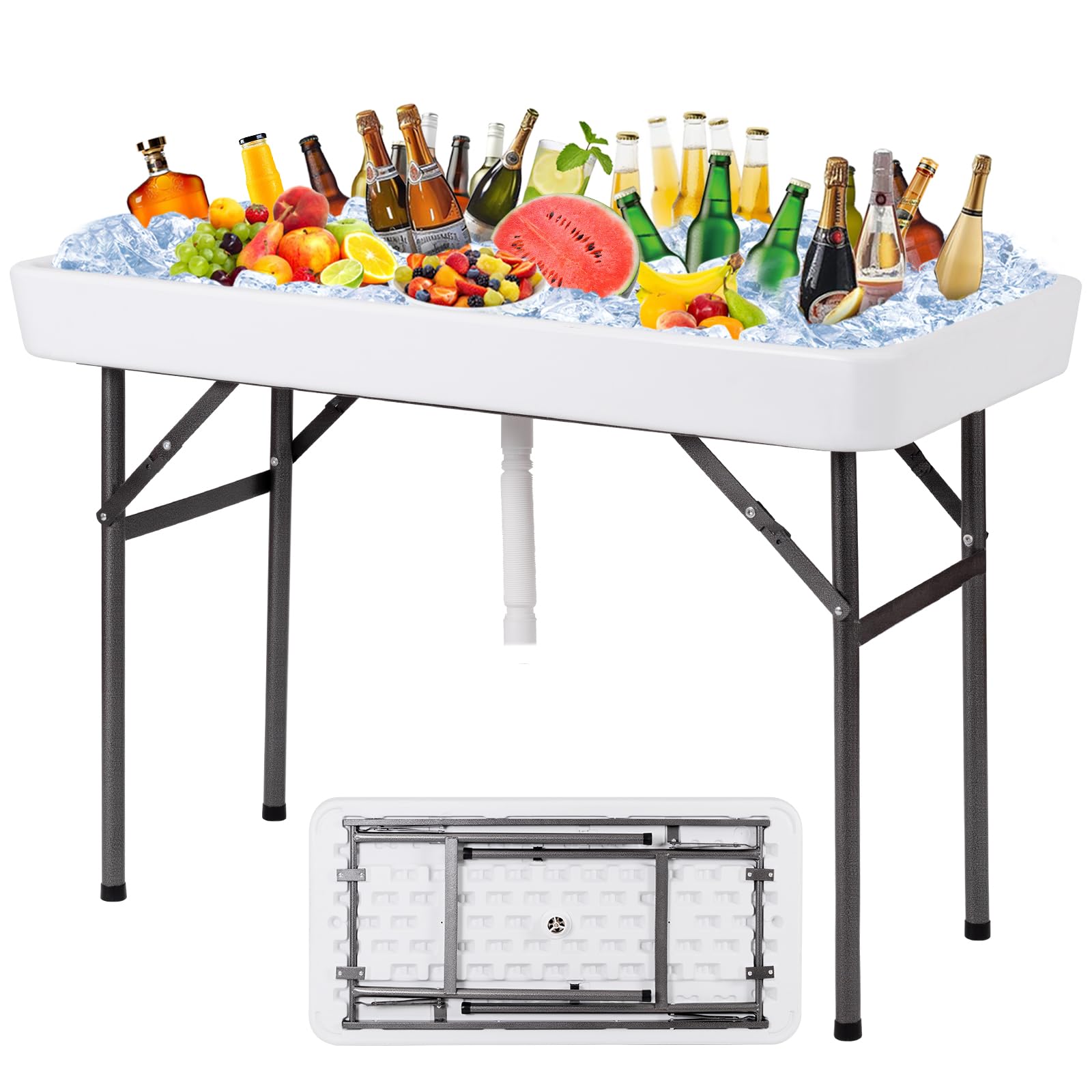 KOTEK Folding Ice Cooler Table with Matching Skirt & Drain Hose, Foldable Beverage Cooler Table Buffet Cooler Server, Portable Chill Table for Party, Picnic, BBQ, Camping (White)