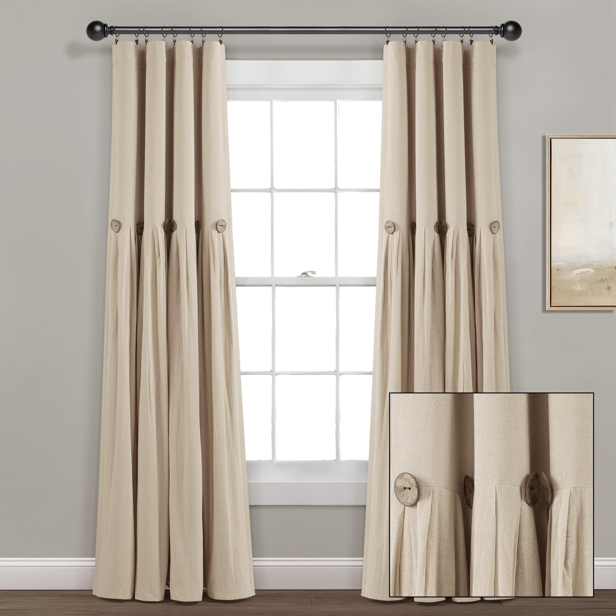 Lush Decor Linen Button 100% Lined Blackout Window Curtain Panel Dark Linen Single 40X84, W 40" x L 84" (1 Panels) - Image 3