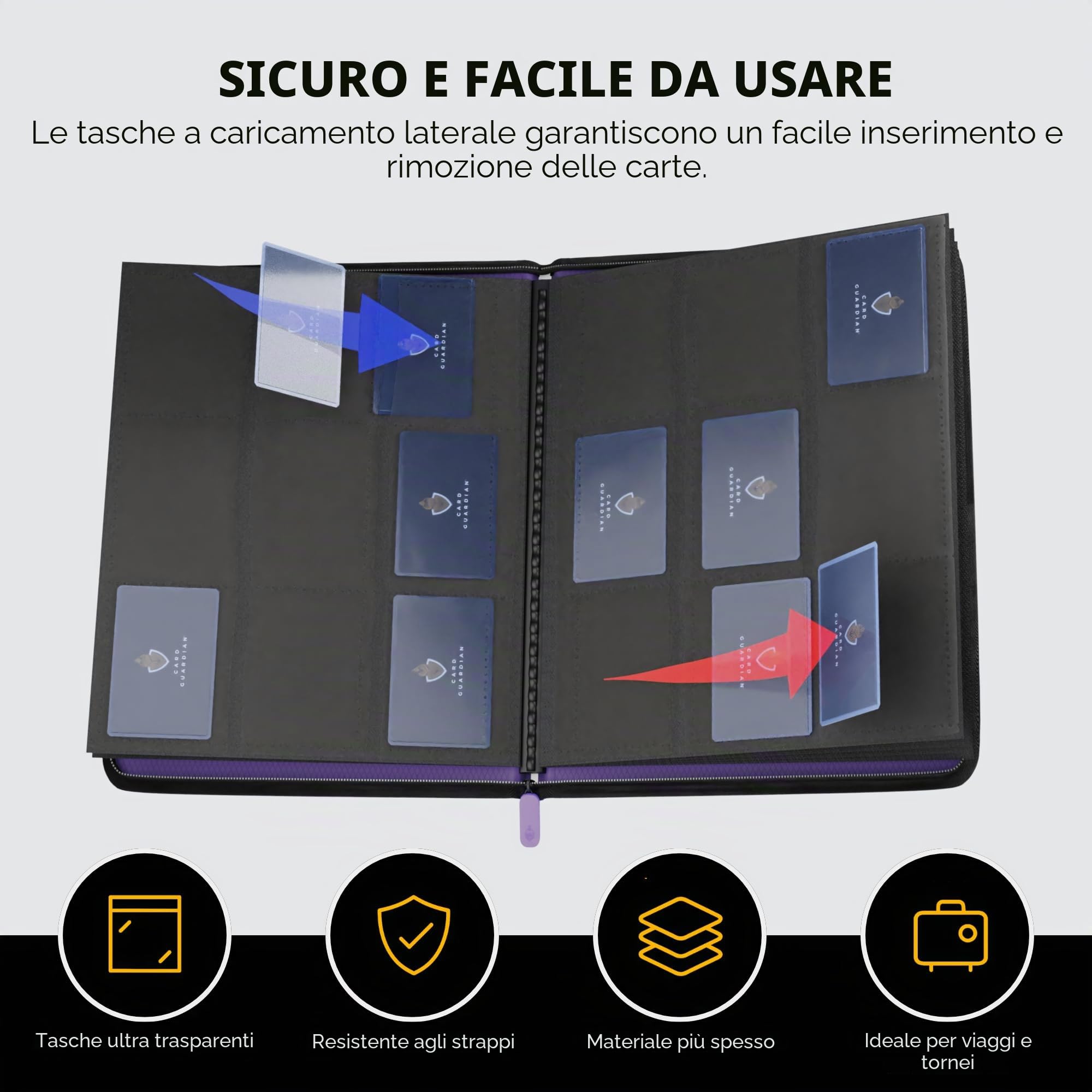 Card Guardian - Raccoglitore premium con 9 tasche con cerniera per 504 carte - tasche laterali per giochi di carte collezionabili TCG (viola)