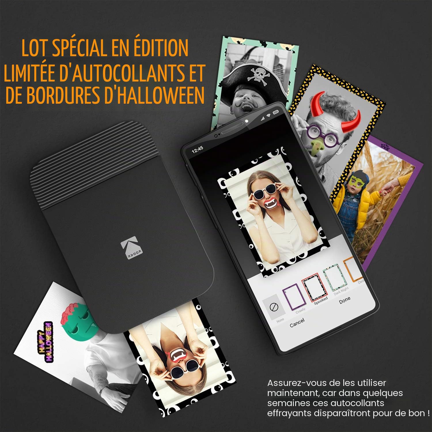 KODAK Smile Couleur Imprimante numérique instantanée - Mini imprimante Bluetooth rétractable pour iPhone et Android - Papier 2x3 ZINK - Noir / Blanc