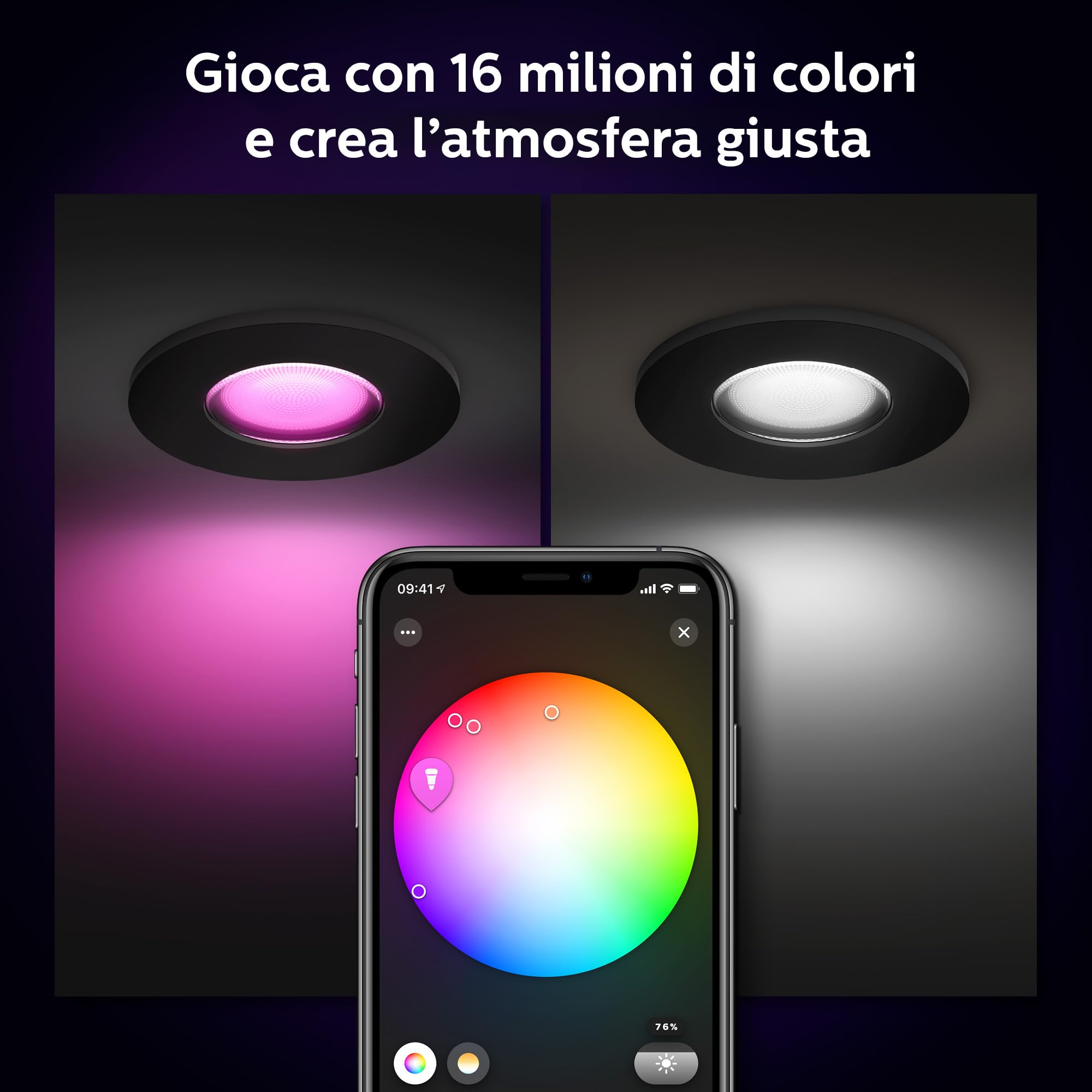 Philips Hue Xamento, Faretti da incasso LED smart, Confezione da 3, Nero | Luce bianca e colorata, Dimmerabile, 16 milioni di colori, Smart Home, Controllo vocale e via app, Per bagno, GU10