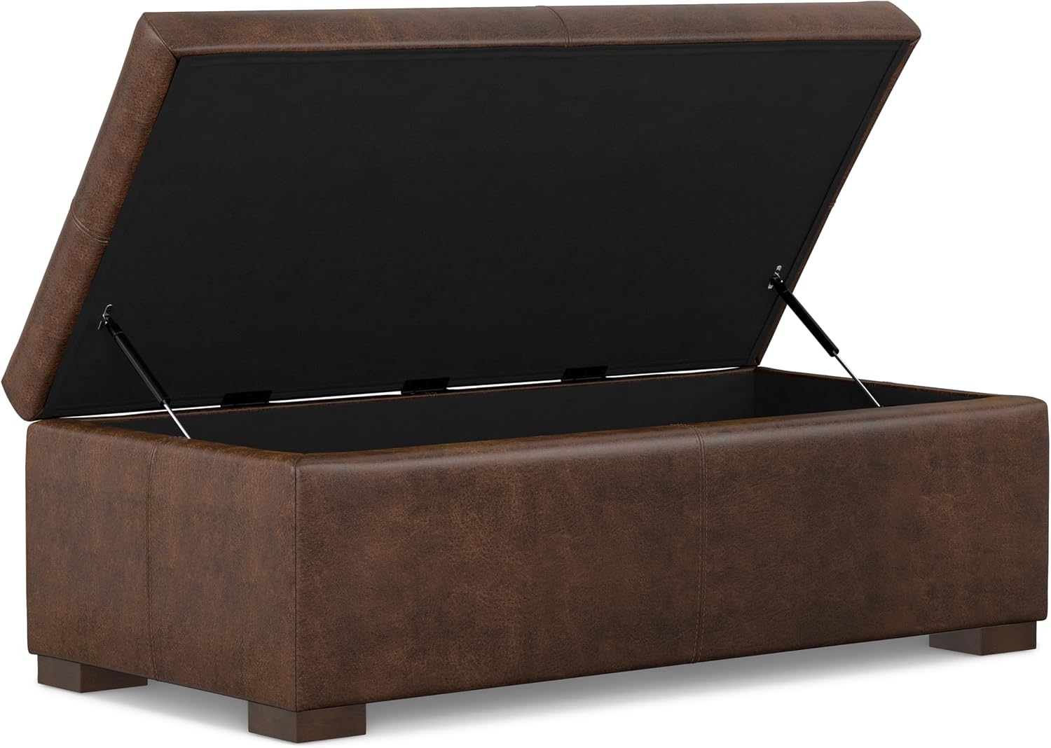 SIMPLIHOME Gabbie Storage Ottoman - 48 inch Wide Upholstered Vegan Leather Rectangle Storage Ottoman Bench in Distressed Chestnut Brown, Contemporary Ottoman for Living Room with Lift-Up Lid