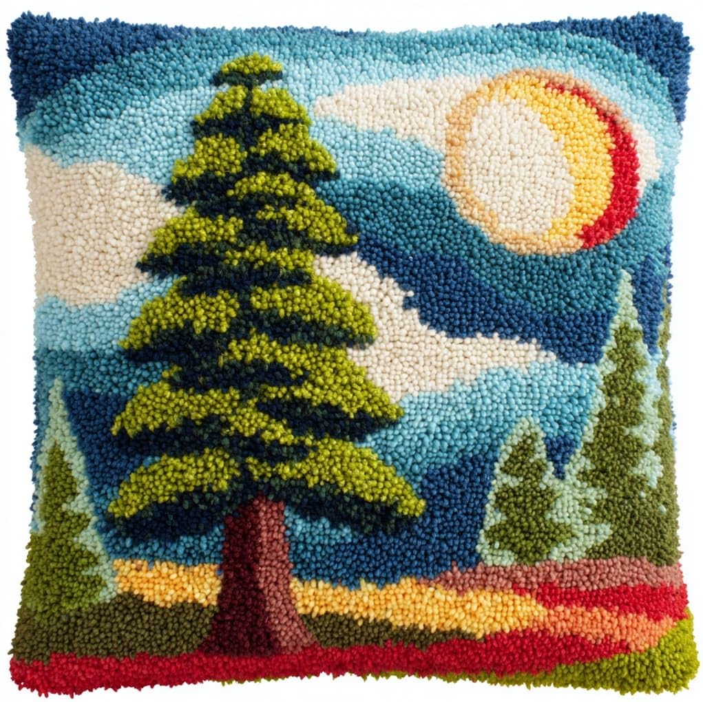 WallustrioaW Latch Hook Pillow Case Kits,Sunset Pine Tree Landscape