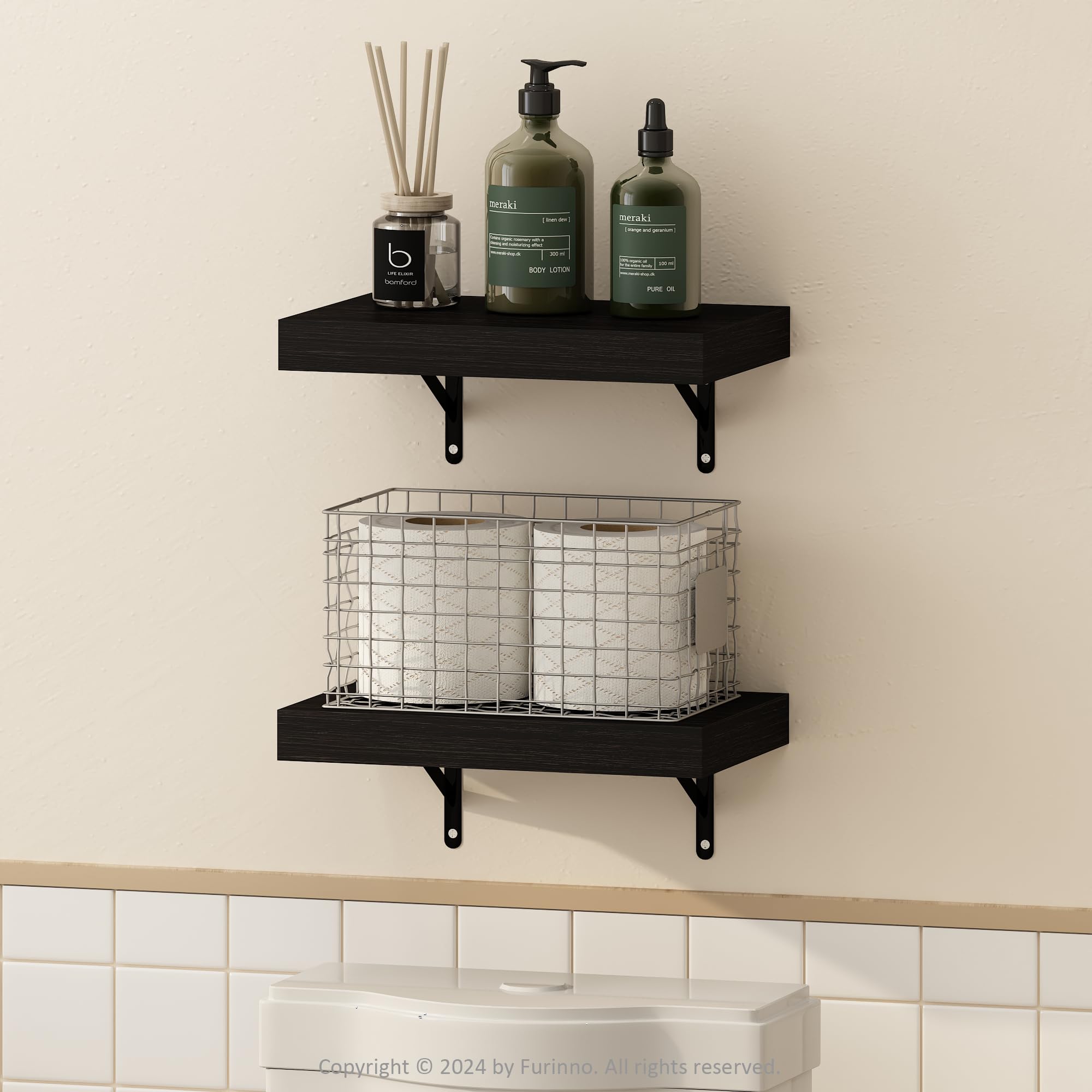 Furinno Tanna Floating Shelves for Wall Set of 2, 15-Inch Bathroom Wall Shelf, Wall Mounted Shelf, for Bathroom Organizers and Storage, Living Room, Tobacco Oak