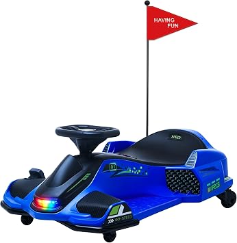 MOOITZ 24V Electric Drift Car, 360 Degrees Rotating Ride On Drift Car with 180W Brushless Motor, High/Low Speed, Lights, Music, Bluetooth, USB, Replacement Wheels, Go Cart for Kids Blue