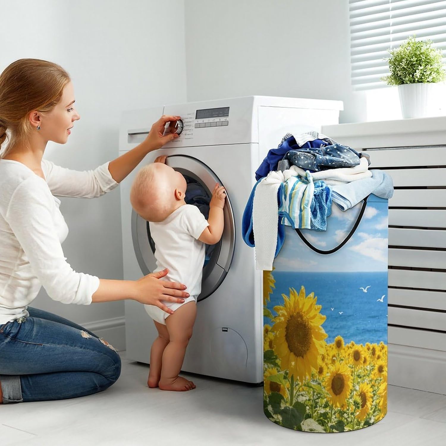 Yellow Blue Laundry Hamper with Handles Waterproof Collapsible Laundry Basket Large Lightweight Round Dirty Clothes Hamper for Home Dorm Bathroom Decor