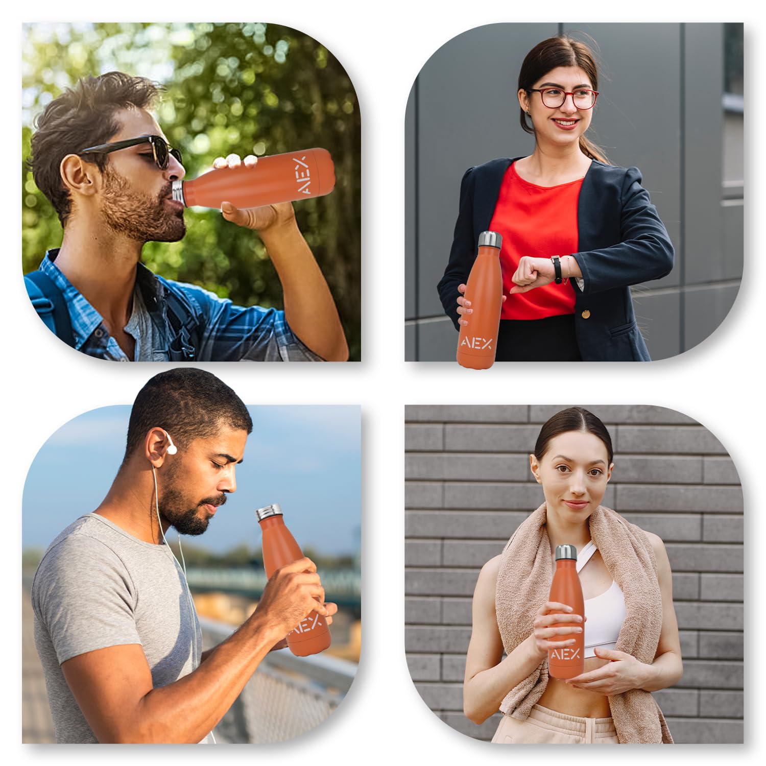 AEX Edelstahl-Wasserflasche, BPA-frei, vakuumisoliert, Metall-Wasserflasche für 12 Stunden heiße und 24 Stunden kalte Getränke, Sportflasche, Fitnessstudio, Reisen – 500 ml (matt orange)