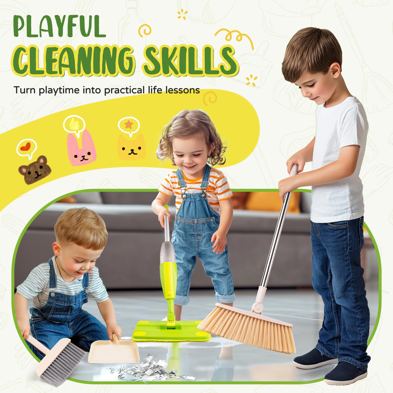 Kit Ménage Enfant Montessori - Balai et Serpillière avec Vaporisateur, Matériaux Adaptés aux Enfants I Jouet d’Imitation de Nettoyage, Set de Nettoyage Réel Adapté aux Enfants dès 3 Ans