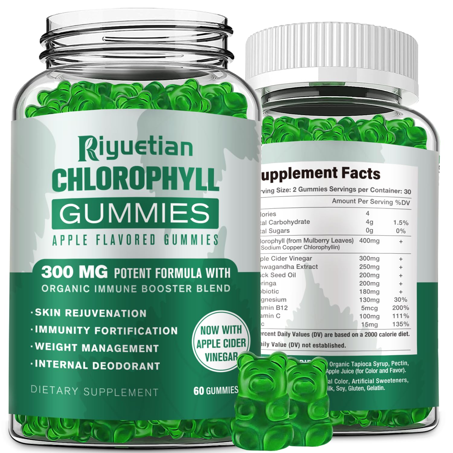 Riyuetian Sugar Free Chlorophyll Gummies - with Unfiltered ACV, Sea Moss, Elderberry, Echinacea, Vitamin D3, C, E, B12 - Natural Deodorant, Energy