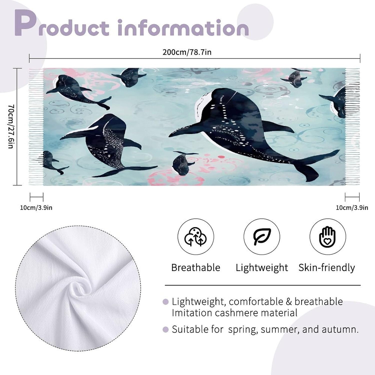 Whale Winter Scarf for Women Soft Tassel Scarves Oversized Wraps Long Shawl Cold Weather Thick Blanket Scarfs