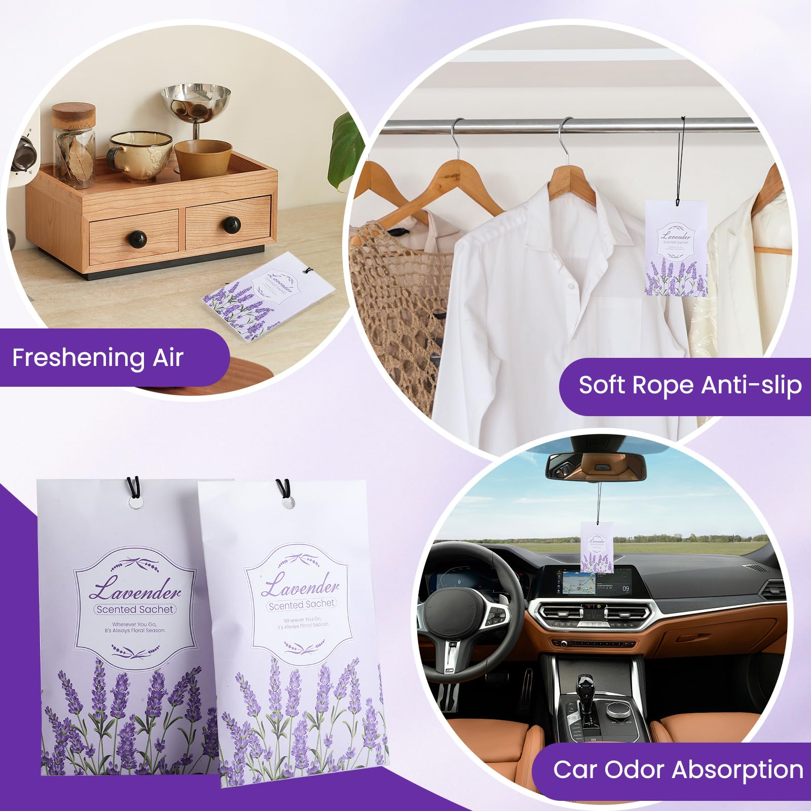FURWEY Paquete de 16 sobres perfumados de lavanda para cajones y armarios, bolsa de larga duración, desodorante para olores de coche, fragancia fresca para el hogar