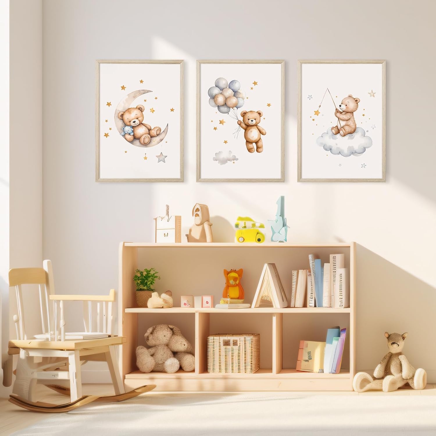 Teddy Bear Nursery Wall Art Decor Baby Boy Girl Room Poster Vintage Nursery Canvas Wall Decor Toddler Kids Room Pictures Cute Bear Neutral Artwork for Bedroom Playroom 16x24 Framed Set of 3
