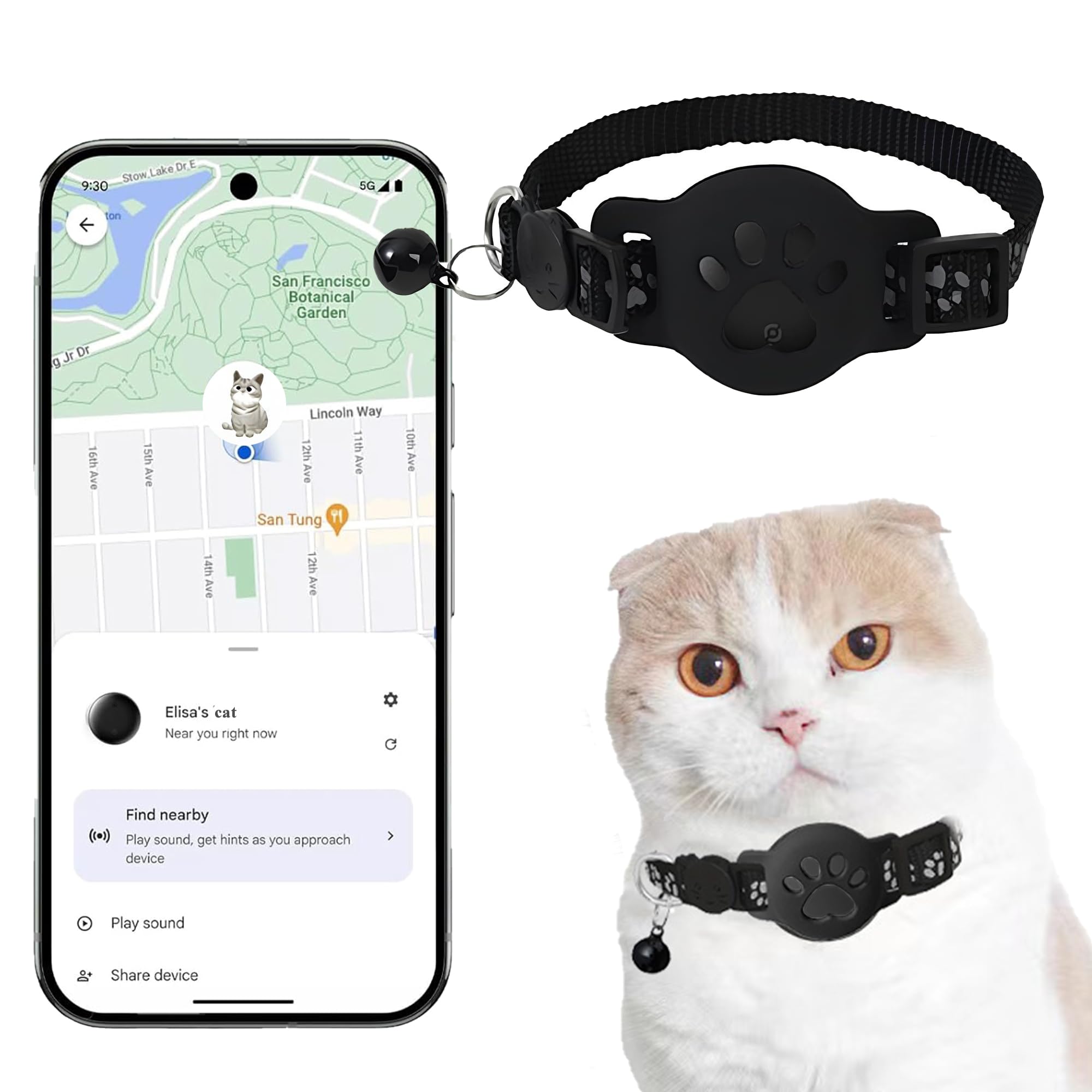 Katzenhalsband mit GPS für kleine Katze und Hund Nur Android, GPS Tracker Katze Ohne ABO, Keine monatlichen Gebühren, SIM-Karte, katzentracker kompatibel GOO- gle Find hub (Halsband Tracker schwarz)