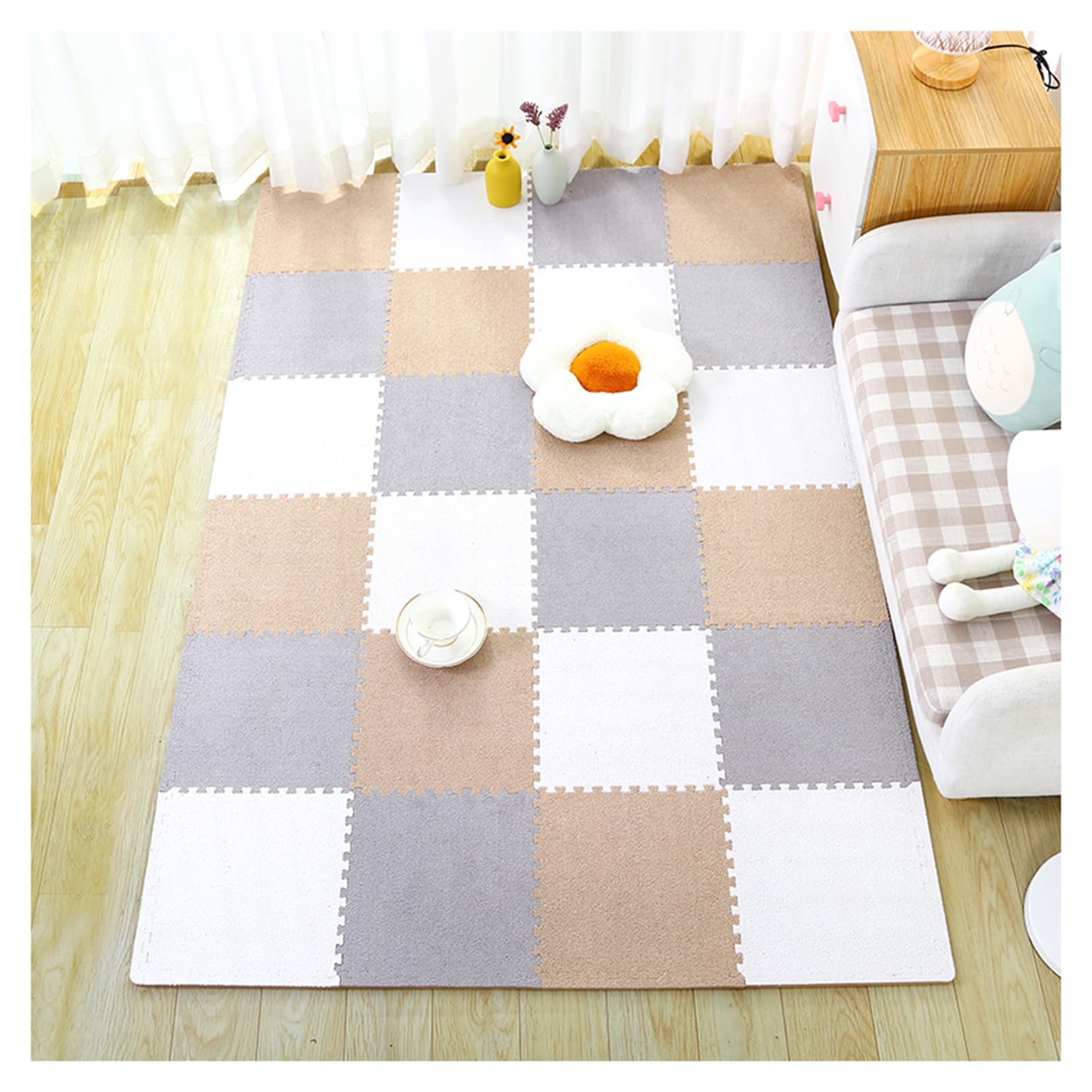 Generisch 12er-Pack ineinandergreifende Schaumstoff-Teppichfliesen, waschbares 12x12 Zoll großes Plüsch-Puzzlematten-Set, weiche Eva-Spielmatte für Kinder, Bodenteppich in Beige, Grau und Hellbraun